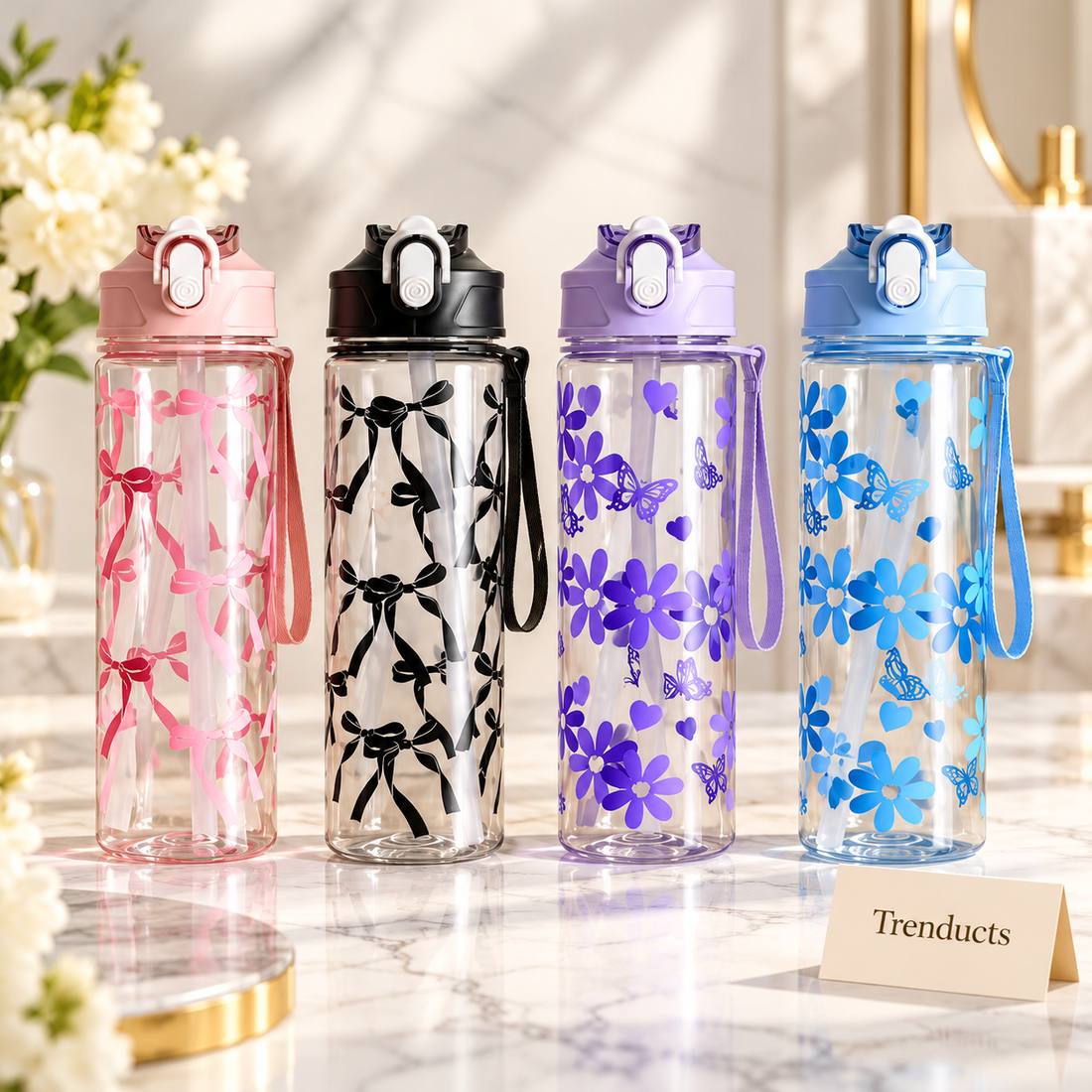 800ml Straw Water Bottle - Clear with Bow and Floral Prints (Random)
